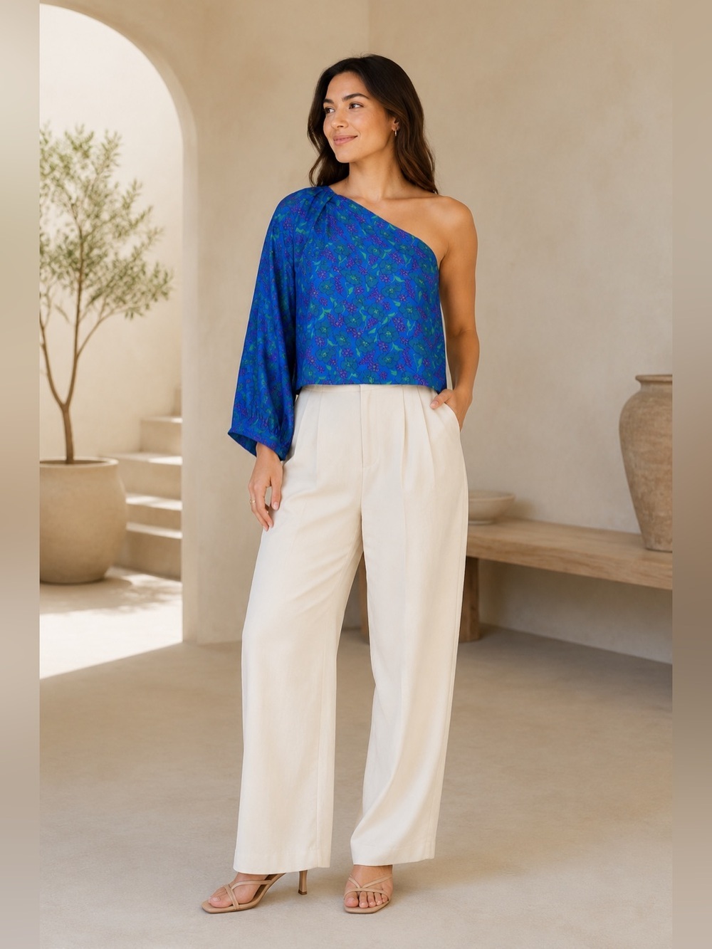 VERONICA BEARD Lyric One Shoulder Silk Blouse Floral Cobalt Multi NEW